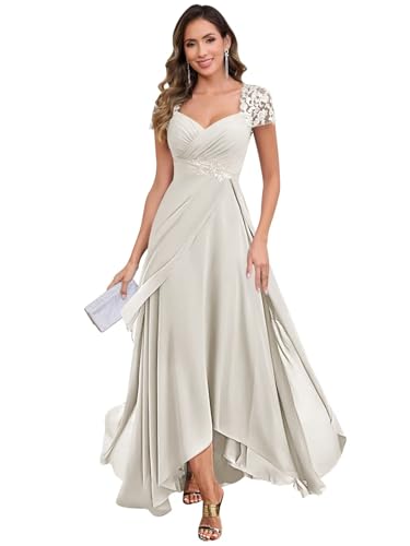 Chiffon Tea Length Mother of The Bride Dresses for Women A Line V Neck Lace Formal Evening Dress with Sleeves