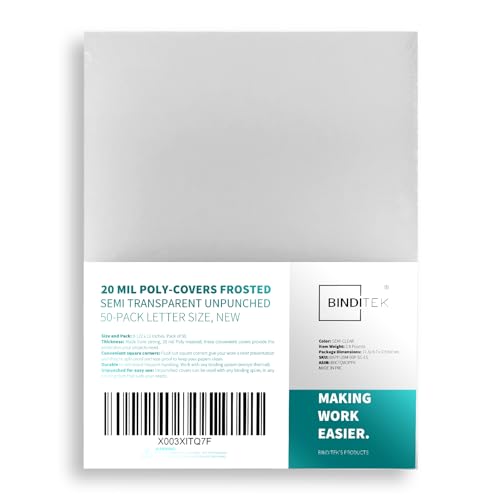 Image of Binditek 50 Pack 20 Mil Frosted Polycover, Semi-Transparent Binding Covers, 8-1 /2 x 11 Inches, Lightly Textured Sand Finish, Square Corners, Unpunched