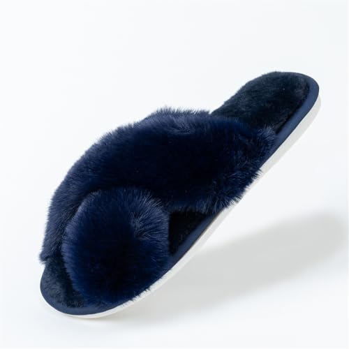 Image of Women's Cross Band Fuzzy Slippers Fluffy Open Toe House Slippers