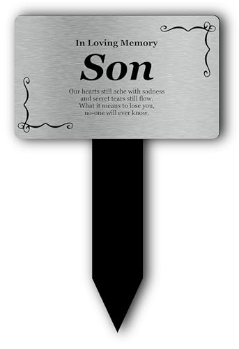 OriginDesigned Son Memorial Plaque Stake, Grave Marker for Cemetery or Garden - Acrylic, Waterproof and Weather Resistant. This Memorial Will Last Years. (Silver) (Large)