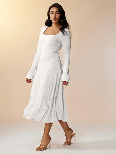 Image of Shasmi Women's Square Neck A-Line Dress - Long Sleeve, Tie Waist, Knitted Stretchable, Casual & Office Outfit, Solid Winter Midi Dress for Women (Dress 221)