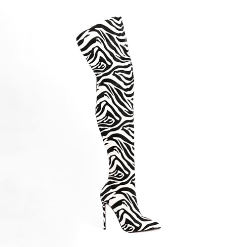 Image of Thigh high boots for women striped Back zipper Burgundy Zebra Print Over the knee Sexy gold white pointed toe Cow Print leopard Magenta stiletto heel
