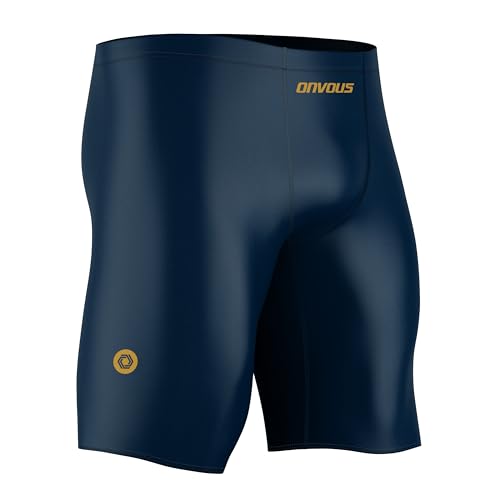 La mejor comparación ropa de natación con protección solar los mejores 5. 46 Onvous Traje de Baño Hombre Natación de Compresión con Cordón | Traje de Baño de Carreras y Entrenamiento | Rápido, Flexible, Cómodo | Tallas: 28-38 - Azul Marino - Logotipo...