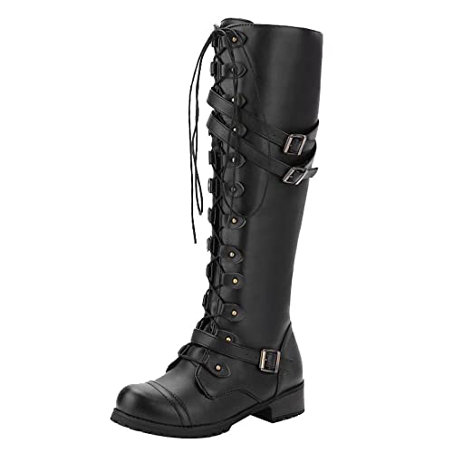 Bottes À Boucle Punk Bout Rond Boucle De Ceinture Cloutée Bottes Classiques Femmes Chaussures Rétro Gothiques Talon Carré Cuisse Haute Bottes pour Femmes...