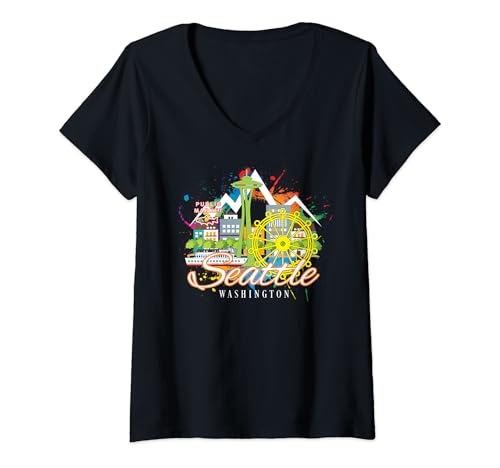 Mulher lembrança do Space Needle Skyline Harbor de Seattle Washington t-shirt decote em V