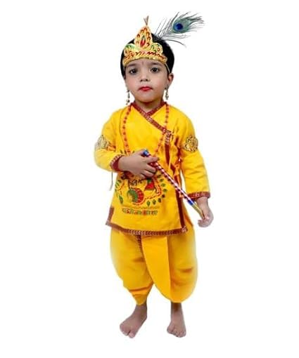 PK HUB Krishna Dandiya Garbha Navratri Dress for Boys – Traditional Costume Set with Dhoti, Kurta, Flute, Earrings, Necklace, Crown, Peacock Feather & Sash