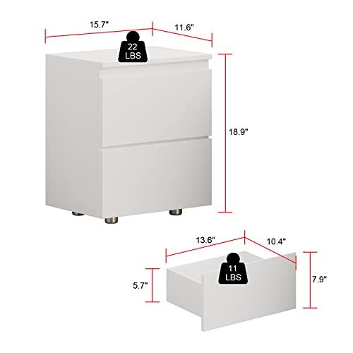 Image of Nightstand with 2 Drawers, Modern Bedroom End Table with No Handle, Wooden Bedside Storage Cabinet, White 15.7 inch W x 18.9 inch H