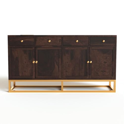 Image of Wooden Sideboard Cabinet for Living Room | Storage Cabinet with Drawers & Doors | Sheesham Wood Buffet Cabinet | Kitchen Cabinet for Home | Walnut Finish | 64 X 15.8 X 31.5 Inches