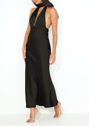 Image of 2026 Women's Satin Halter Deep V Neck Wedding Guest Maxi Dresses | Summer,Backless,Silky,Sleeveless,Open Back,Wedding Guest,Cocktail,Party,Date night,Engagement,Elegant,Long Dresses