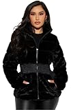 Fashionposh Women's Black Faux Fur Jacket with Pockets zip up outerwear elegant stylish chic coat winter gift cisono (US, Alpha, Small, Regular, Regular, black)