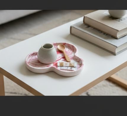 Sweera Art Handmade Concrete Flowline Trinket Tray, Red and White Marbled Design, Modern Multipurpose Organizer for Jewelry, Makeup, Desk Accessories 1