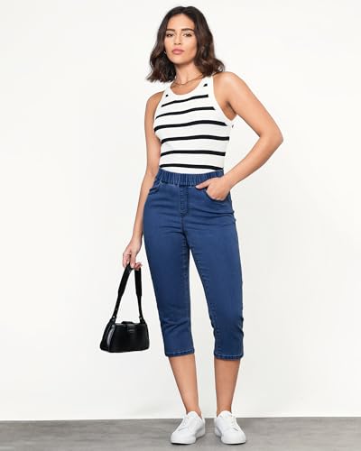 GRAPENT Capris Jeans for Women High Waisted Trendy Pull On Elastic Waist Split Hem Skinny Stretchy Denim Capri Pants4