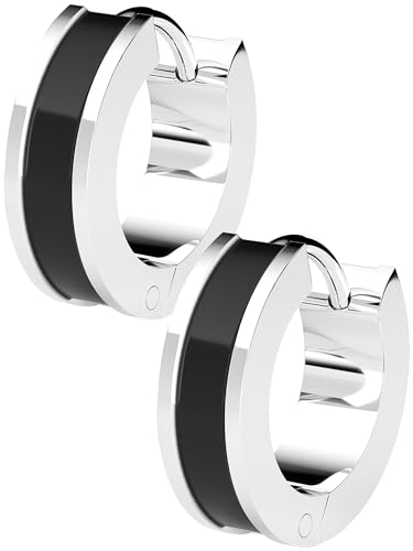 Preisvergleich Produktbild THIORA 'Seychelles Secret' Ohrringe Damen / Zweifarbige Eleganz / Schwarz Emaille / Edelstahl / Langlebige Beschichtung / Wasserfest & Alltagstauglich / Kreisrunde Creolen (Silver / Black)