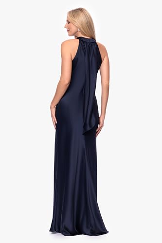 Image of Xscape Women's Floor Length Satin Halter Gown with Crisscross Neckline, Tie Back Sash and Sheath Silhouette, Navy, 12