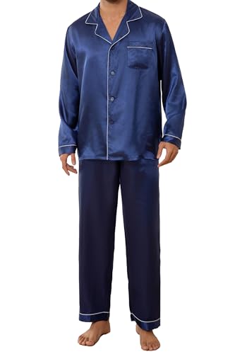 JupiterSecret Mens Satin Pajamas Set Long Sleeve Button Down Silky Pjs Sets 2 Pieces Sleepwear with Pockets