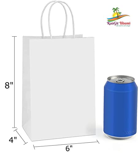 Image of RanGit Bhumi-White Paper Bags 6 inchX8 inchX4 inch Small Return Gift Bags, Paper Carry Bags, Shopping Bags, Craft Paper Retail Bag- Disposable Recycled Eco Friendly (50), 25 count