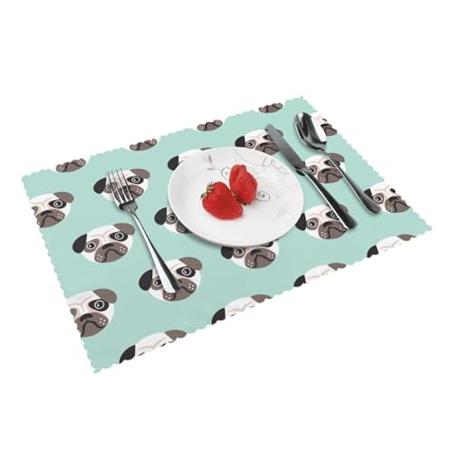 Manteles Individuales Infantiles con ilustración de Cachorro Pug Azul, Paquete de 4, duraderos y fáciles de Limpiar, Ideales para el Comedor y la Cocina. Antideslizantes y Resistentes al Calor.
