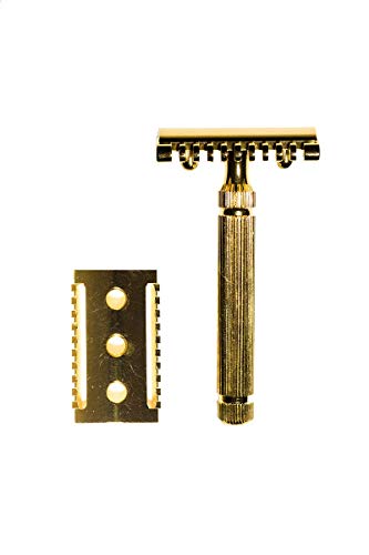 Golden Shave Double Edge Safety Razor with Short Brass Handle | Safety Razor Vintage | Double Head Included | Sustainable and Durable NO Rust | Saftey Razor with5 Blades Included | Handmade in Italy