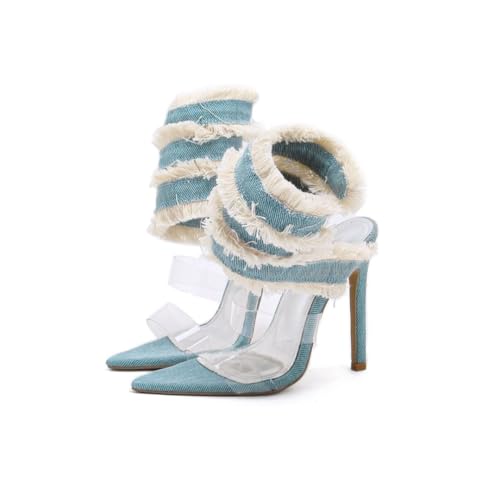 keleimusi Blue Denim Frayed Spiral Heeled Sandals for Women PVC Open Pointd Toe High Heels