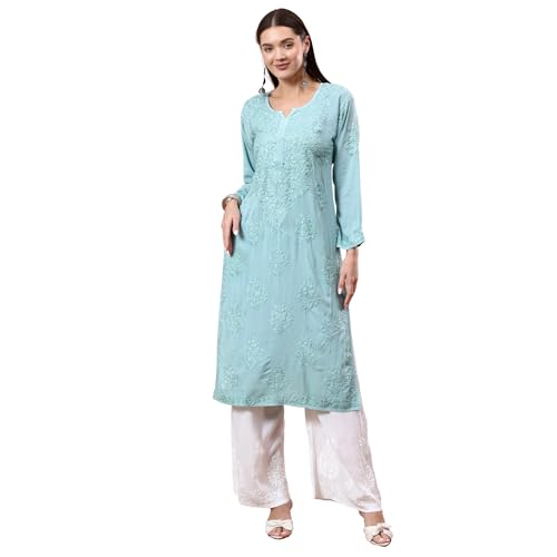 Image of POSHAK CHIKAN STUDIO Women's Hand Embroidered Lucknowi Chikankari Modal Straight Long Kurta, heer
