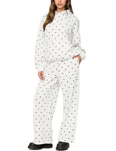 HOCANDY Polka Dot Set for Womens Sweatsuits 2 Piece Set Oversized Hooded Sweatshirts and Wide Leg Sweatpants with Pockets