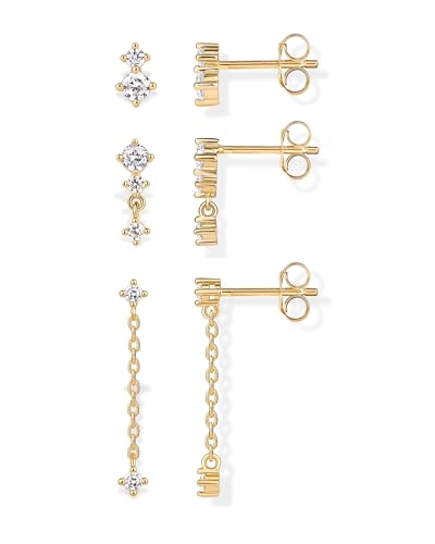 PAVOI 14K Gold Plated Sterling Silver Posts Dainty Stud and Dangle Chain Earring Pack for Women | Set of 3 Cubic Zirconia Earrings