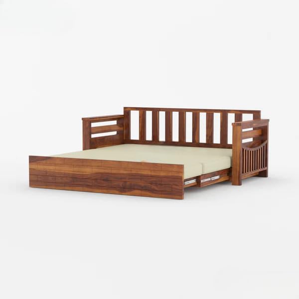 Image of Sheesham Wooden Sofa Cum Bed for Living Room with Side Pocket Storage - 3 Seater Sofa Cum Bed with Storage - 3 Person Sofa Cuma Bed Wooden with Premium Cushion Seating (Honey Finish)