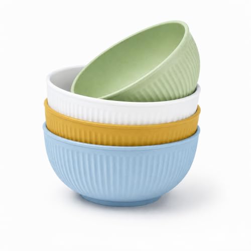 Image of Wheat Straw Bowl Set of 4 (15 cm) - 750ml | Unbreakable BPA Free Bowls | Dishwasher Safe | Ribbed Pattern Reusable Bowls for Soup, Salad, Noodles, Snacks - Multicolour
