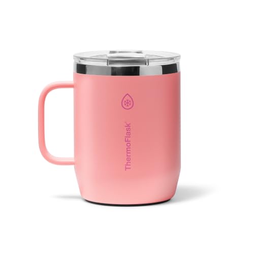 Image of ThermoFlask Drinkware 12 oz Coffee Mug - Double-Wall Insulated for Hot & Cold Drinks - Lightweight & Simple with Innovative Press In Slider Lid - Modern & Durable - Sunkissed Coral