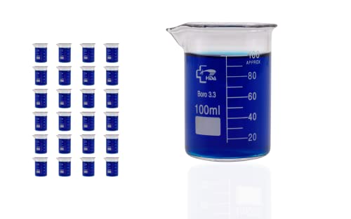 HDA Beaker 100 ml Borosilicate Glass 3.3, Low Form with Spout, White Printed Graduation, Glassware for Laboratories, Classrooms, Experiments (Pack of 24)