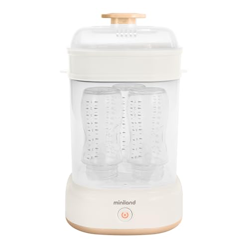 Miniland - Mini Steamy Esterilizador a Vapor, Gran Capacidad para Biberones, Chupetes y Tetinas, Unisex, Apto para Lavavajillas, Automático, Sin Químicos (Beige)
