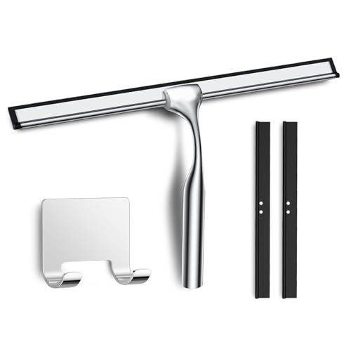 Image of 12 inch Short Handle Shower Squeegee for Glass Doors with Adhesive Hook and Replacement Blade, Stainless Steel Bathroom Squeegee for Shower Glass, Water Scraper for Tile Wall Car Mirror Door (Sliver)