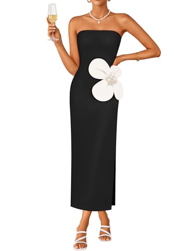 ZESICA Women's Summer Strapless Bodycon Maxi Dress 2026 Ribbed Knit Backless Floral Tube Cocktail Party Long Dresses,Black,Large