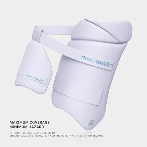 moonwalkr Cricket Thigh Guards 2.0 Lightweight Cricket Guard & Equipment Unisex Thigh Pads for Batter\'s Height (5\'4\"- 5\'8\") Safeguarding Both Your Outer and Inner Thighs White (Medium, Right Hand) - Thumbnail 2