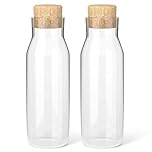 HEFTMAN Set of 2 Glass Carafe, 1 Litre, Clear Glass Bottle for Hot and Cold Drinks, Water Carafe Glasses with Cork Lid, Refillable Fabric Softener Cans with Stopper, Pack of 2