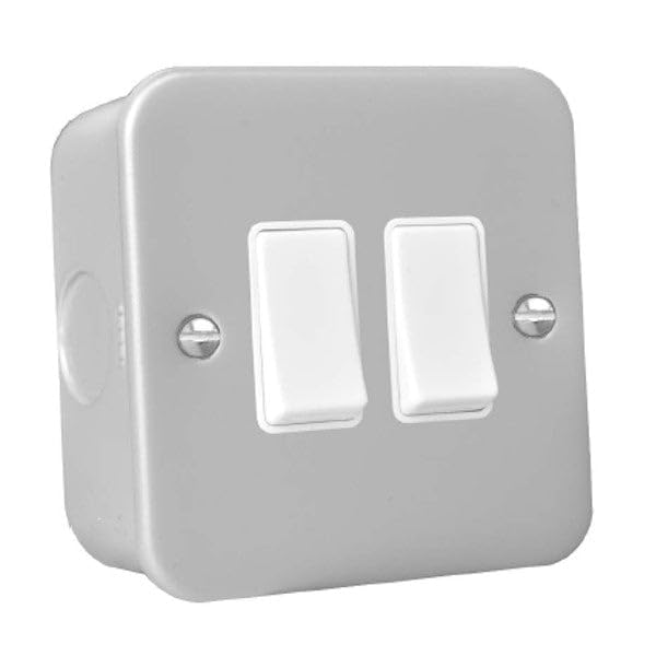 Hamilton MCR22WH-W Metal Clad 2 Gang 2-Way Switch, 10A, White Rockers, Double Pole