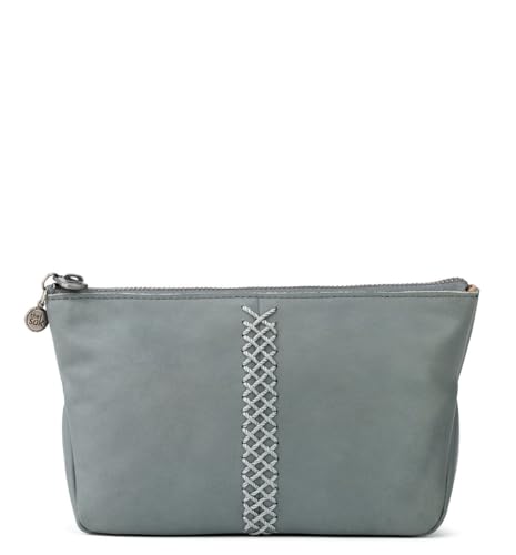 The Sak Essential Medium Pouch in Leather, Travel Bag with Zipper Closure, Denim Crochet