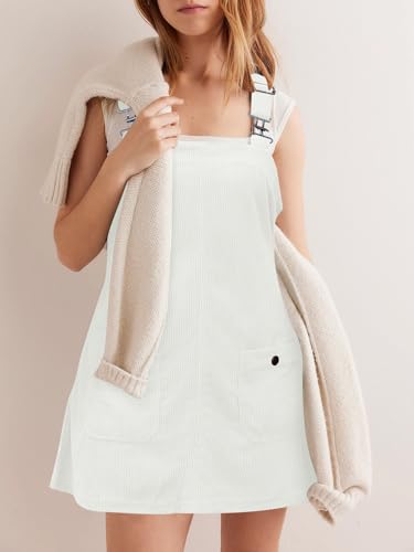 Image of COCCKO Corduroy Overalls for Women Sleeveless Overall Dress A Line Pinafore Mini Dress with Pockets White L
