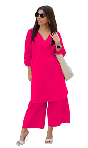 Image of Femezone Women Cotton slub Co-ord Kurta and Pant Set (FEM22230610-01-Vcord)
