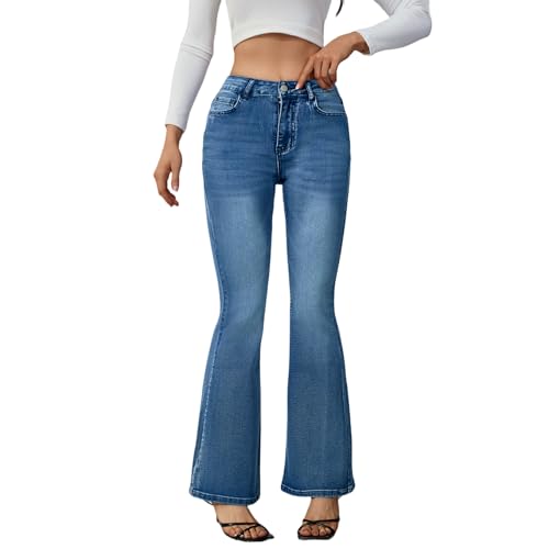 Women's High Rise Flare Jeans, Stretch Denim Bootcut, Casual Style, Blue