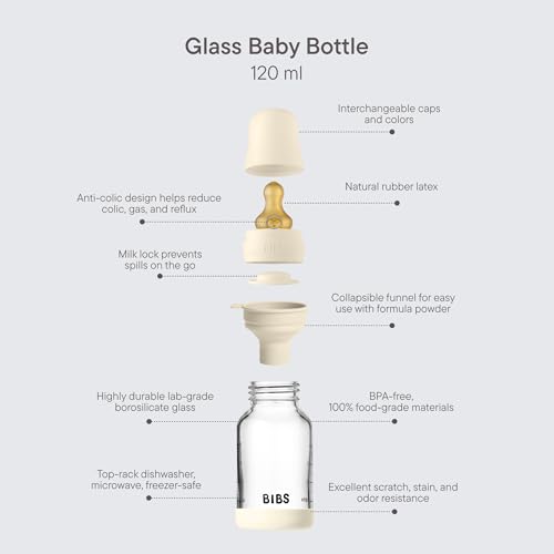 Image of BIBS Baby Glass Bottle. 4 US fl oz / 120 ml. Anti-Colic. Vented Round Natural Rubber Latex Nipple. Supports Natural Breastfeeding, Slow Flow, Complete Set - Sage