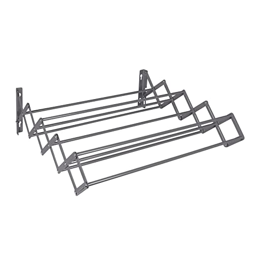 Pukkr Wall Mounted Extendable Clothes Airer | 9 Rails/Rungs for Hanging Washed Clothes | Clothing Drying Rack | Extending Clotheshorse (Grey)