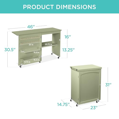 Best Choice Products Folding Sewing Table Multipurpose Craft Station & Side Desk with Compact Design, Wheels, Shelves, Storage Trays, Pegs, Magnetic Doors, Metal Doorknobs - Light Green