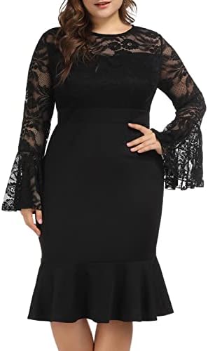 Fishtail Dresses for Women Long Bell Sleeve Cocktail Party Midi Bodycon Dress 22W Black