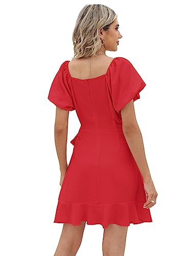 Image of Sampeel Womens Summer Dresses Square Neck Puff Sleeve Tie Waist Short Dress