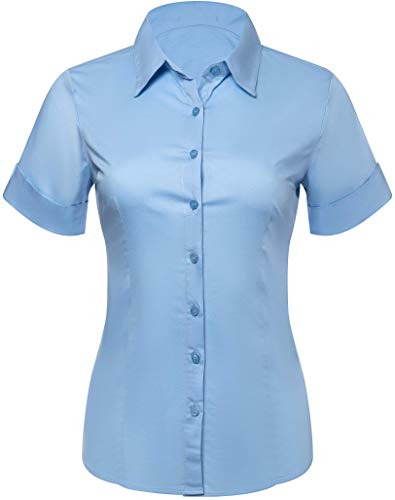 Button Down Shirts For Women, Fitted Short Sleeve Tailored Stretchy Material (Medium, Blue) #TOP7