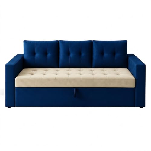 Image of FURNY Tressa 3 Seater Fabric Pull-Out Sofa Cum Bed Function (Dark Blue-Cream) | Luxury Velvet Suede Finish | Durable Comfort Sofa Bed for Modern Living Room & Office Spaces