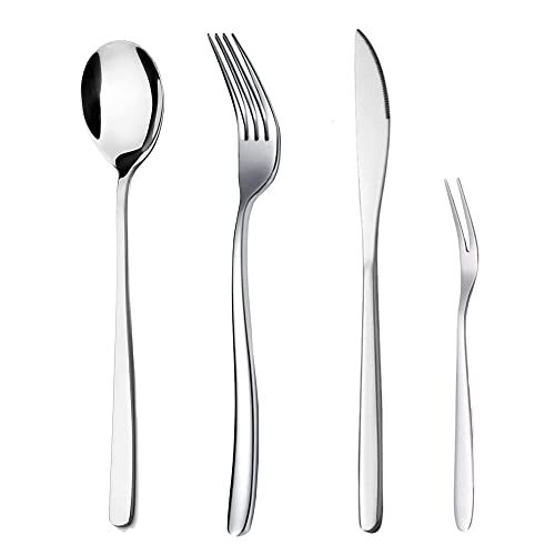 Image of aDai Set of 4 Luxury Silver Cutlery Set - Daily Use Stainless Steel Mirror Finish - 1 Dinner Spoon, 1 Fork, 1 Steak Knife & 1 Fruit Fork for Home, Restaurant & Gifting