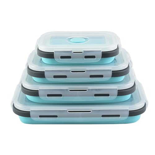 ulafbwur Collapsible Food Storage Containers 4pcs Container Set Flat Stackable Silicone Boxes with Lids for Refrigerator Microwave Freezer Leak-proof Blue