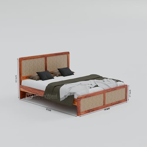 Image of DRIFTINGWOOD Camber Solid Sheesham Wood King Size Bed Without Storage | Rattan Cane Headboard & Footboard | Curved Edges | Honey Finish (Self Assembly Required)